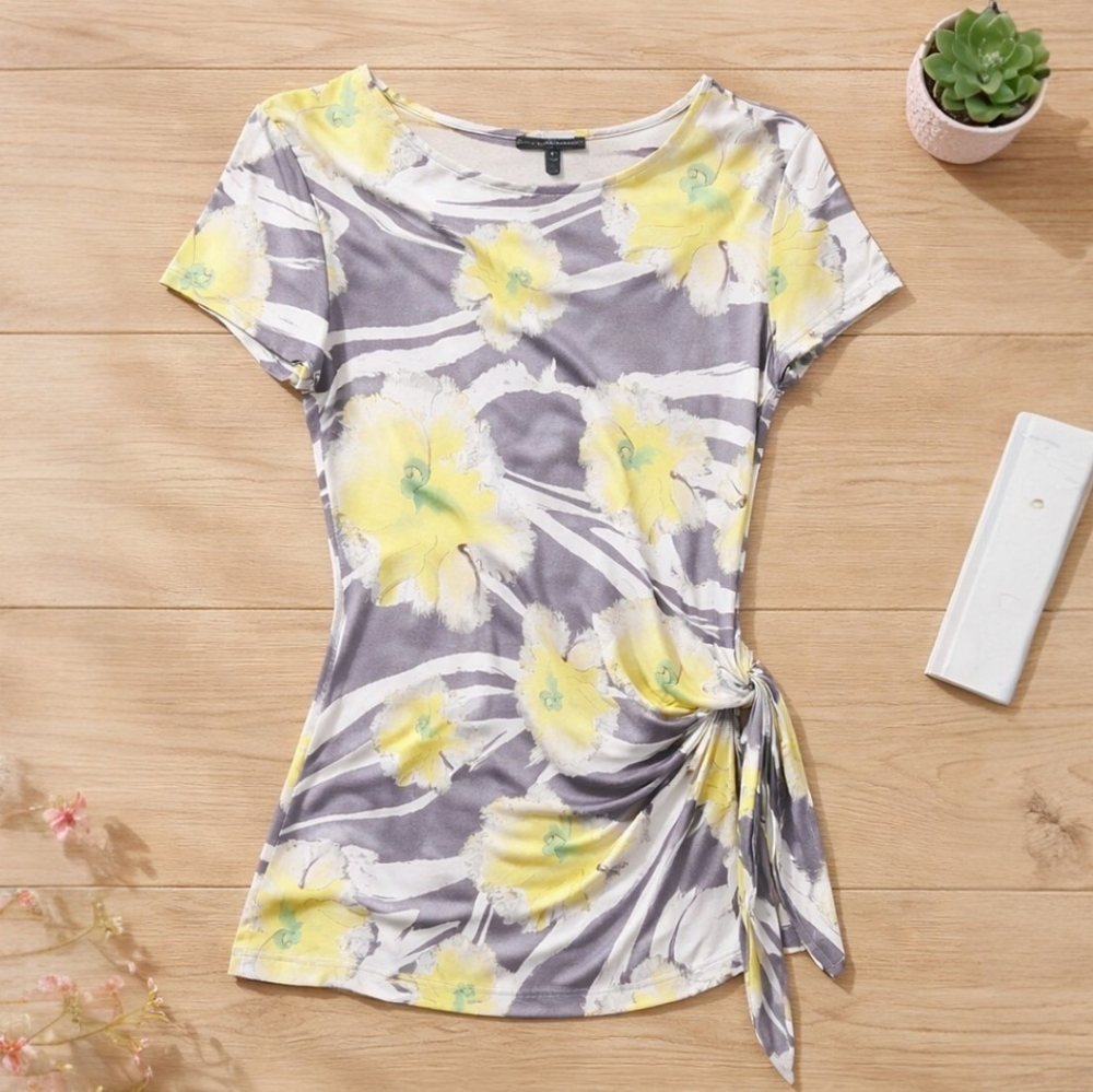 Lafayette 148 Floral Top Gray Yellow Watercolor Wrap Tie Tee M